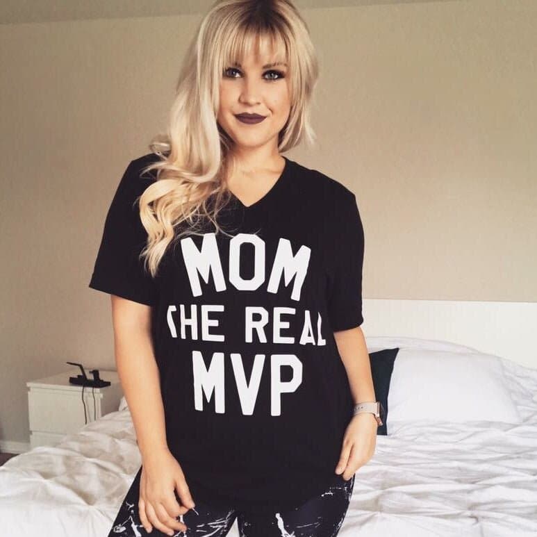 MOM THE REAL MVP V-NECK TEE - Black with White Print