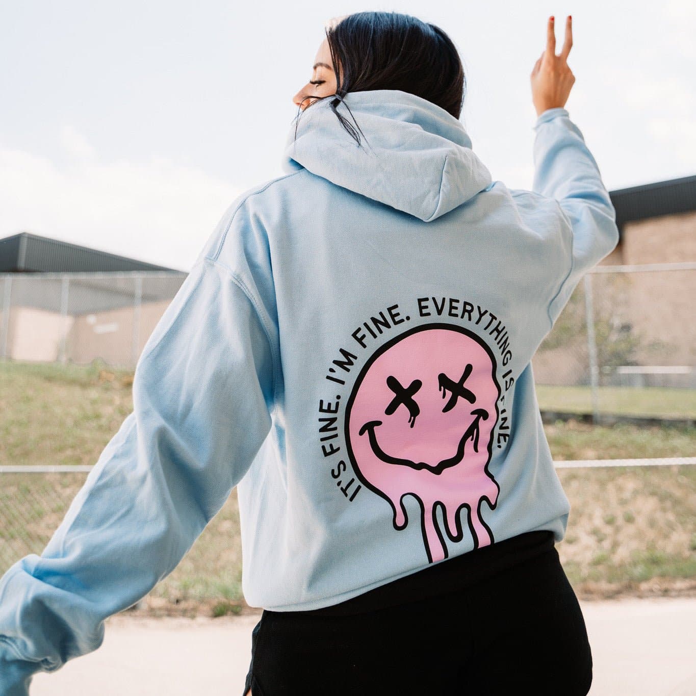 It s Fine Drippy Smiley Hoodie Blue Sweetees